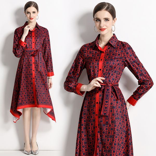 Robe mi-longue rouge à imprimé élégant pour femmes, manches longues, bouton à revers, devant, Slim, nœud de vacances, taille à lacets, robe asymétrique, printemps automne, 2023