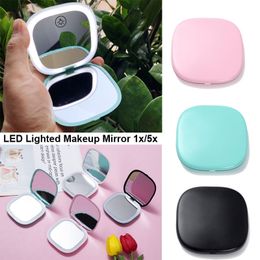 New Lady LED Espejo de maquillaje Lámparas cosméticas Espejo de doble cara 1x / 5x Aumento Recargable Espejo de vanidad Plegable Portátil de viaje Luces de bolsillo iluminadas