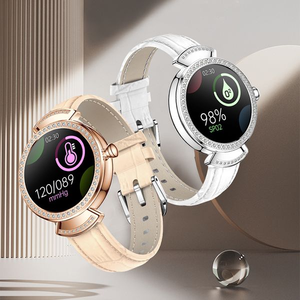 New Lady Smart Wristbands pantalla redonda 66 pcs Cystal Stones Mujer Moda Smartwatch Sports Fitness Tracker HR BP Monitoreo reloj inteligente