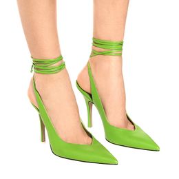 Nieuwe dame-stijl gratis 2024 Verzending echt leer 10 cm hoge hiel puntige teen veter sandalen schoenen schoenen feestkruispilfaat 34-46 groen 882