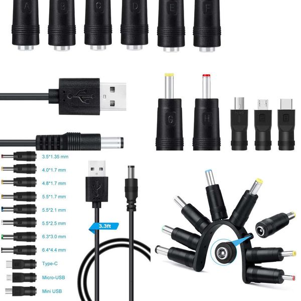 Nuevos adaptadores para portátiles Cargadores 11 en 1 5 V USB a 5,5 x 2,1 mm 3,5 mm 4,0 mm 4,8 mm 6,4 mm 5,5 x 2,5 mm Tipo C Micro Mini USB Cable de carga para enrutador Teléfono móvil