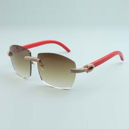 Nieuwe eenvoudige luxe zonnebril met groot frame micro-pave diamanten bril 4189706-1 luxe frameloze natuurlijke rode houten tempelpoten 58-18-135 mm