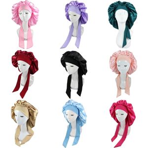 Nieuwe grote satijnen motorkap Silk Night Sleeping Cap Lange satijnen Bonnets met hoofddie Band Edge Wrap For Women Curly Braid Hair