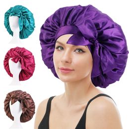 Nouveau grand Bonnet en Satin bonnets de nuit soyeux pour femmes Bonnets avec bandeau à nouer avec sangles réglables cheveux tressés bouclés