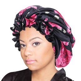 Nieuwe grote Satin Langed Bonnet Slaapkappen Double-Sided Reversible Bonnet Hoed Silky Night Sleep Cover Hair Styling Cap Dames