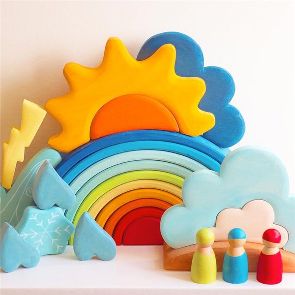 Nuevos grandes bloques de apilador de arco iris de madera juguetes nórdicos piezas sueltas Juega bloques de madera para niños muñecas juguetes educativos para niños