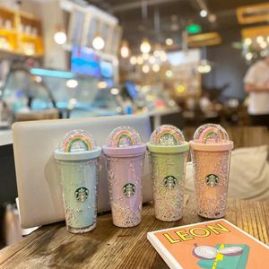 Nieuwe nieuwste 16OZ Starbucks Starlight Cup Rainbow Cup Volwassen Meisje Leuke Dubbele Drinkbeker met Straw211L