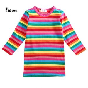 NIEUWE nieuwste zomer mode 2-7 jaar regenboog meisje jurken kinderen lange mouw kleding q0716