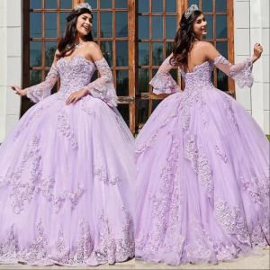 NOUVEAU Lavande Dentelle Perlée Robe De Bal Quinceanera Robes Chérie Cou Tulle Appliqued Robes De Bal Avec Wrap Balayage Train Sweety 15