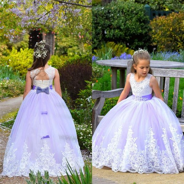 Nouveau Lavande Lilas Princesse Fleur Filles Robes Bijou Dentelle Appliques Perlé Tulle Sans Manches Étage Longueur Anniversaire Enfant Fille Pag2245