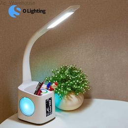 Nouvelle lampe de bureau LED USB charge veilleuse réveil thermomètre calendrier gradateur à 3 niveaux lampe de table avec porte-stylo avec ventilateur HKD230824
