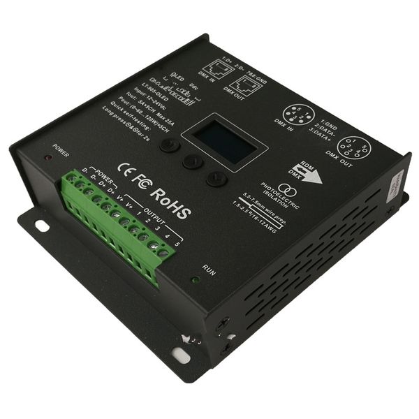 Livraison gratuite Nouveau contrôleur de décodeur DMX Led DC12-24V entrée 5A * 5CH sortie RGB / RGBW Led Controller XLR-3 / RJ45 8/16 bit 256 /65536 Niveau de gris