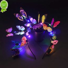 Nouveau LED Glow Rose Bleu Papillon Bandeau Fleur Branche Enfants Filles Fête D'anniversaire Décoration Bandeau Accessoires Cadeau De Noël 3 Modes