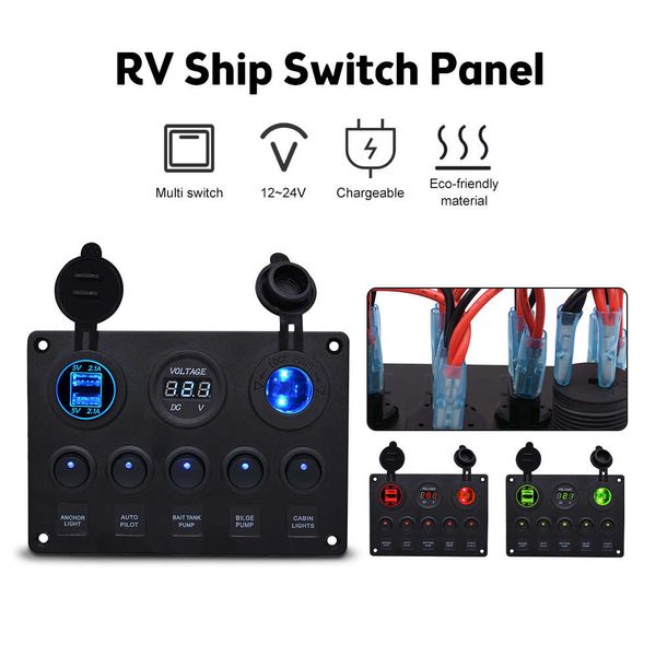 Nouveau panneau d'interrupteur à bascule LED avec voltmètre numérique, double Port USB, combinaison de sortie 12V, interrupteurs étanches pour voiture, bateau marin