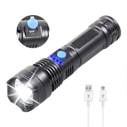 Nouvelle LED Strong Light USB Charge Télescopic Zoom Long Range Extérieur Lampe de poche extérieure Affichage de la lampe de poche à la maison