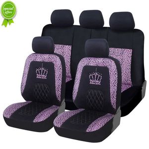 Nieuwe luipaardprint autozitje covers Queen Crown print voorste kuipstoel Cover achterstoel 3-zitplaat voor vrouwen Universal Fit 99% auto's