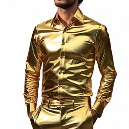 Nouveau Lg manches NightClub Party Chemise pour hommes Butt Up Gold Shinny Stage Dr Chemises Costume Homme 2024 Hip Hop Chemise Tenues D7FO #