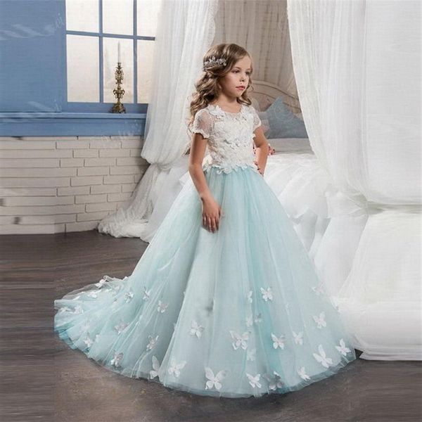 Nouveau Bleu Clair Robes De Fille De Fleur Avec Papillon Manches Courtes Robe De Bal O-cou Première Filles Communion Robe Filles Pageant Dress301n