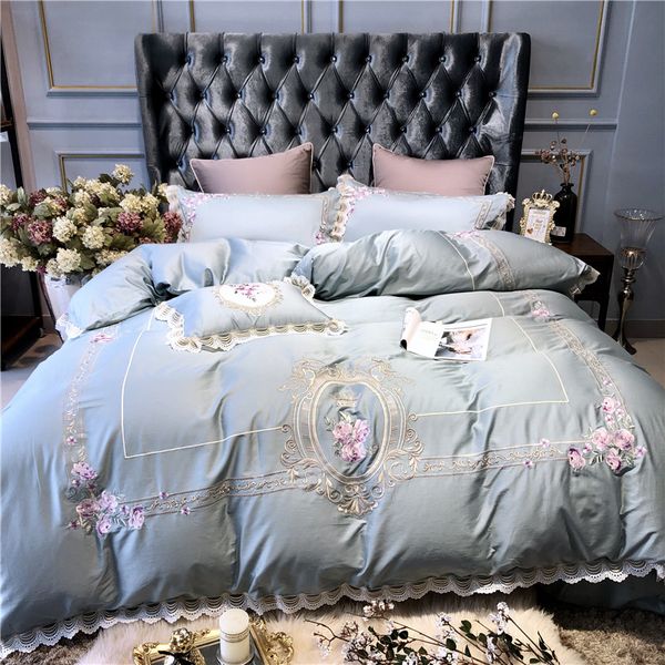 Nouveau bleu clair rose européen pastorale broderie coton égyptien ensemble de literie housse de couette drap de lit linge de lit taies d'oreiller