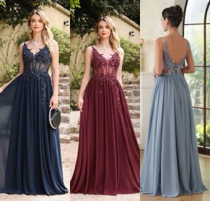 Nieuwe lichtblauw sexy backless avondjurken Dark Navy Bourgundy Chiffon Appliques A Line Sheer V Neck Long Party Prom Jurken CPS3038