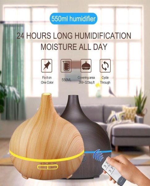 Nouveau bois noir clair 550 ml d'humidificateur à distance de télécommande d'huile essentielle Diffuseur Cool Aroma Maker 7 LED Changement de couleur 8416905