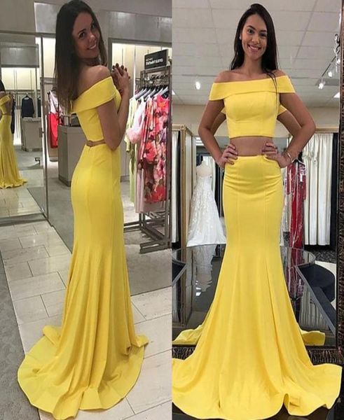 Nuevo vestido Fromal amarillo claro satén elástico 2 piezas fuera del hombro cuello barco sirena vestido de noche largo barato vestidos de fiesta 9225614