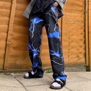 Nouveau pantalon long imprimé de foudre Men Men élastique taille harajuku streetwear hommes pantalons de survêtement hip hop lâches x0721