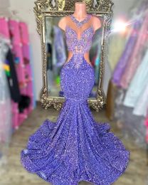 Nieuwe Lila Pailletten Diamanten Zeemeermin Prom Dresses 2024 Voor Zwarte Meisjes Bead Crystal Rhinestones Gown Verjaardagsfeestje Jurken 322