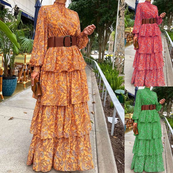 Nouvelle robe en lin pour femmes Automne Robe d'été pour femmes Porter une robe florale Douce Super Élégante Taille Serrée Mince Robes de soirée pour femmes Temperame Genou Longueur Jupe 74NO