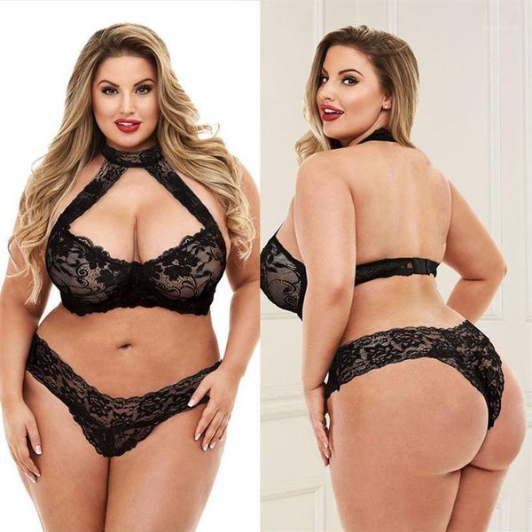 Nuevos conjuntos de lencería de talla grande para mujer, ropa interior Sexy, sujetador erótico y bragas, traje de encaje Halter para mujer gorda 3XL - 5XL, ropa de dormir 1255k