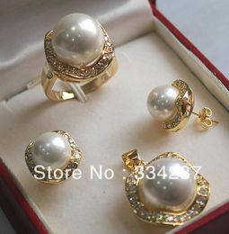 Nieuwe vermelding! Gratis verzending Wit South Sea Shell Pearl Ring Hanger Earring Sieraden Set