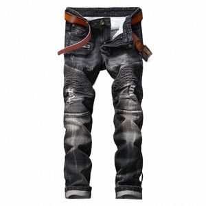 Nueva Locomotora Biker Hombres Jeans Slim Fit Metrosexual Persality Hole Aplastado Black Jeans Costura LG Pantalones Pequeños Rectos J6gD #