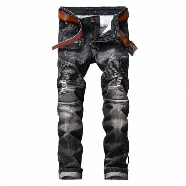 Nouvelle Locomotive Biker Hommes Jeans Slim Fit Métrosexuel Persalité Trou Écrasé Noir Jeans Couture Lg Pantalon Petit Droit J6gD #