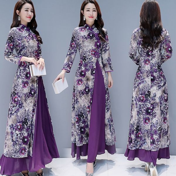 Nouveau Long Style Ao Dai Vieam pour femmes, vêtements ethniques traditionnels, robe violette, robe orientale chinoise améliorée Cheongsam Qipao