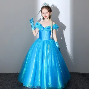 Nueva princesa larga Cenicienta Vestidos de niña de flores Fuera del hombro Hasta el suelo Vestido de fiesta Vestidos de desfile para niños azules Diseño navideño por encargo