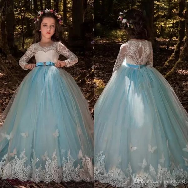 Nouveau Manches Longues Papillon Fleur Filles Robes Pour Les Mariages Dentelle Robe De Bal Boho Toddel Enfants Première Communion Robe Bleu Clair Pageant Robes