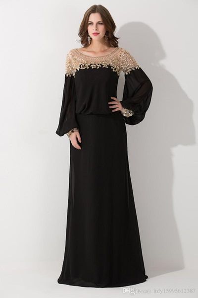 Nuevos vestidos De fiesta formales De gasa con lentejuelas De manga larga Vestido De fiesta negro suelto cuello redondo Dubai Kaftan vestidos De noche 273z