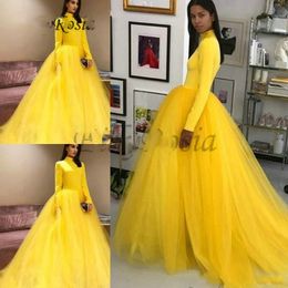 Nouveau manches longues jaune robes de bal 2019 col haut Satin gonflé Tulle a-ligne Simple femmes formelle soirée robes de bal lange jurk