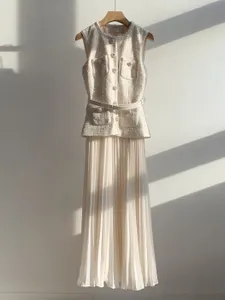 nieuwe lange mouwen kleine geurige ivoorwit Self Port/rait pailletten bezaaid patchwork rok nep tweedelige mouwloze jurk set