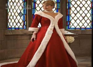 Nieuwe lange mouwen mantel winterbaljurk trouwjurken rood warme formele jurken voor dames bont Appliques kerstjurk jas 20112128841