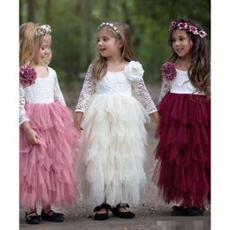Nieuwe lange mouwen Flower 2020 Girls 'Girls' Lace Tiered Tule rok enkel lengte juweel nek kinderen formeel verjaardagsfeestje slijtage op maat gemaakt