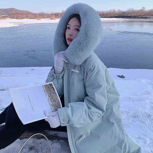 Nieuwe lange winterjas vrouwen warmte en dikke katoenen big bont kraag parka jas vrouwen Koreaanse casual losse jas 211130