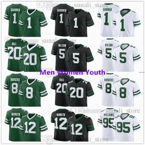 NIEUW Looks Jerseys voor 2024 voetbal 5 Garrett Wilson 1 Saus Gardner 20 Breece Hall 8 Aaron Rodgers 12 Joe Namath 95 Quinnen Williams Men Men Women Jeugd genaaid