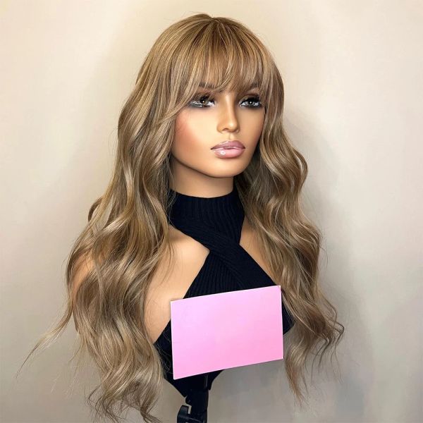 Perruque Lace Front Wig synthétique ondulée ample avec frange, perruque Body Wave à reflets blonds, densité 180%, pour femmes noires, nouvelle collection