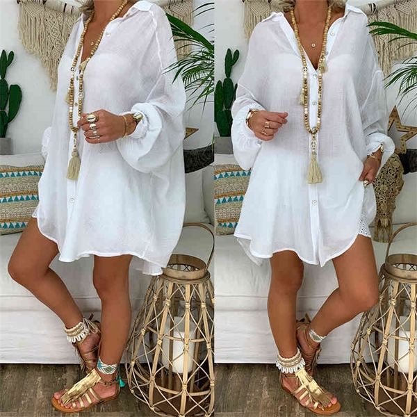 Nouveau lâche femmes Cover Ups maillots de bain blanc robe de plage coton plage Kimono Coverups pour femmes maillot de bain Cover Up plage femme 210319