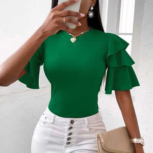 T-shirt col rond pour femmes, manches courtes, multicouches, vert, manches feuille de Lotus, nouvelle collection