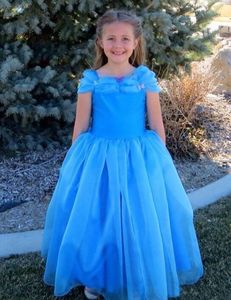 Nieuwe mooie blauwe bloem meisje jurken off schouder bal toga tule vloer lengte meisjes verjaardagspartij jurken aangepast formaat