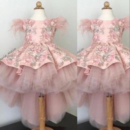 Nieuwe mooie blush roze bloemenmeisje jurken voor bruiloften Lace Applqieus Flowers Feather Tule High Low Girls Pageant Dress Kids Communion Jurk 403