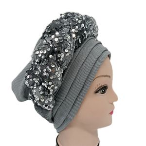 Nouveau charmant paillettes tresses Femmes African Turban Cap Sequins Ladies Head Wraps Bonnet Nigeria Headtie déjà fabriquée à Auto Gele