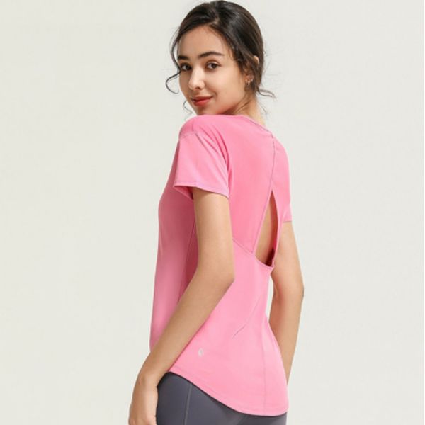 Nouveau lu femmes yoga t-shirt vêtements fitness sport respirant séchage rapide été fil creux yoga haut à manches courtes
